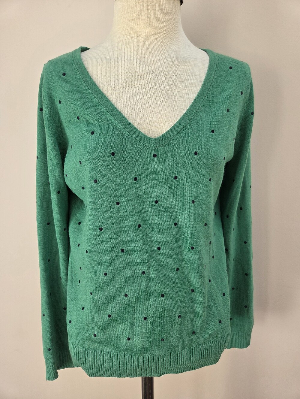 J Jill Green Polka Dot Lightweight V-neck Sweater, Size Small